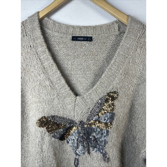 Zara Women's Tan Beige Alpaca Wool Knit Butterfly Sequin Beaded Sweater small - Picture 6 of 12